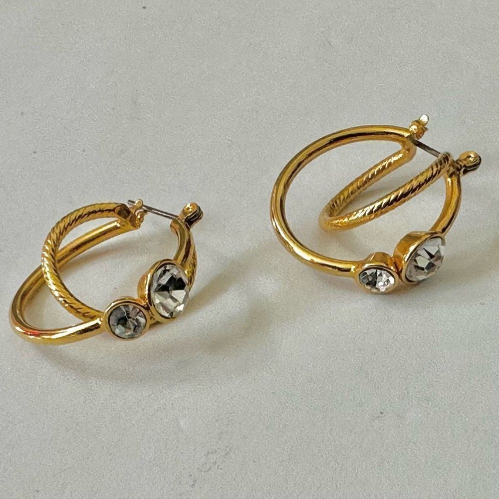 Gold tone and rhinestone double hoop earrings